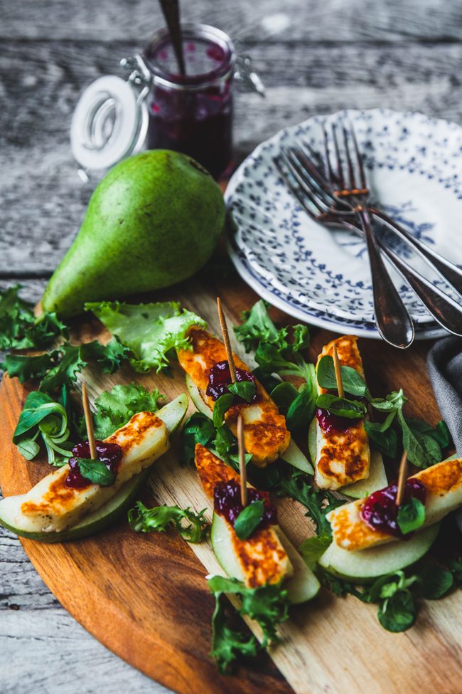 halloumisnittar med päron nyår, förrätt snittar