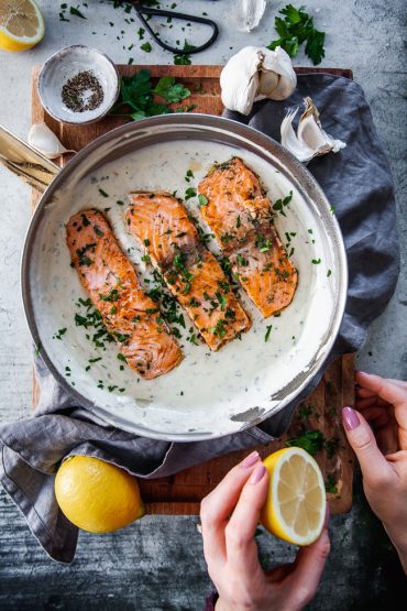 snabb middag, vardagsmat, lax i vitlökssås